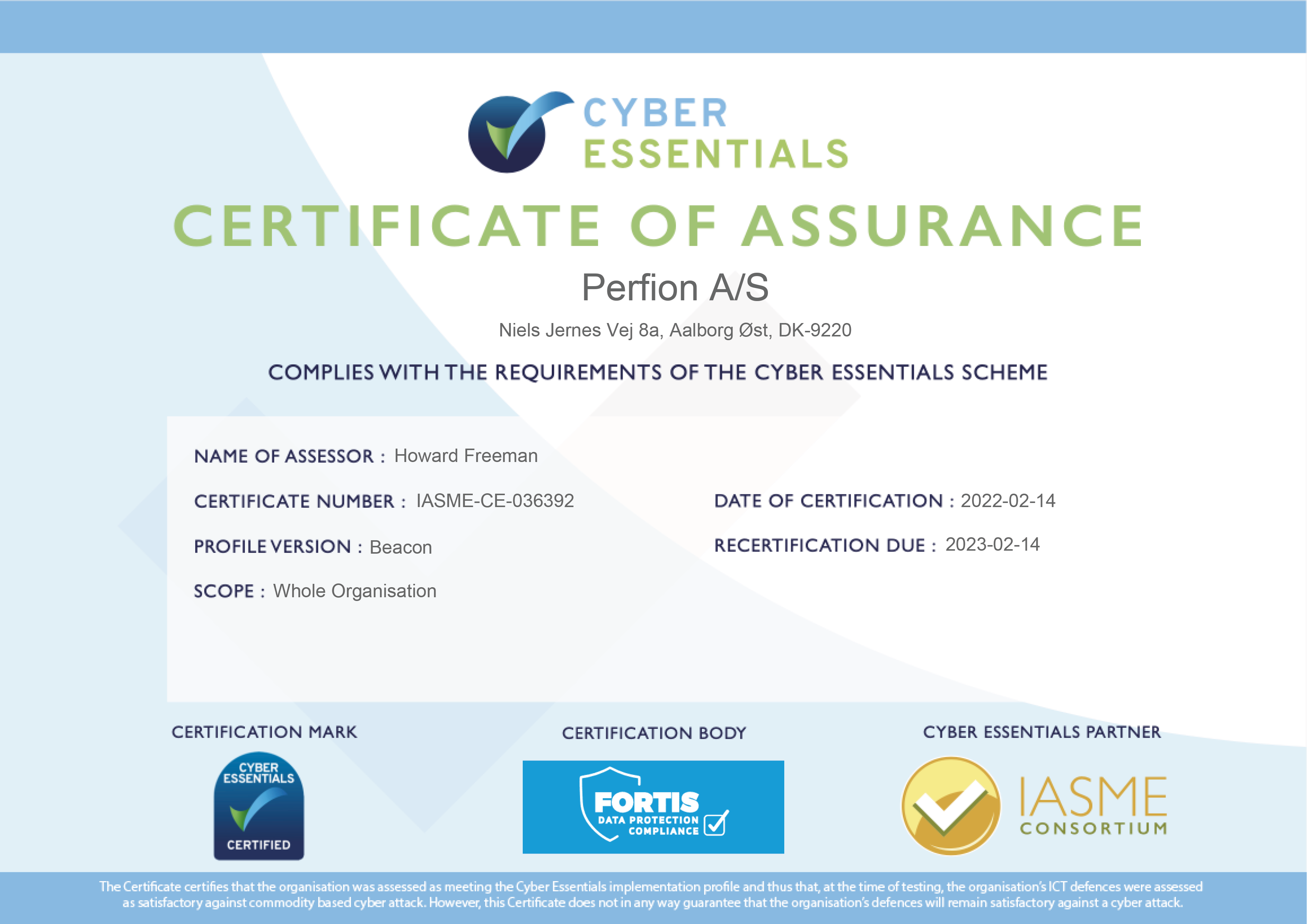 Perfion Cyber Essentials Certificate of Assurance
