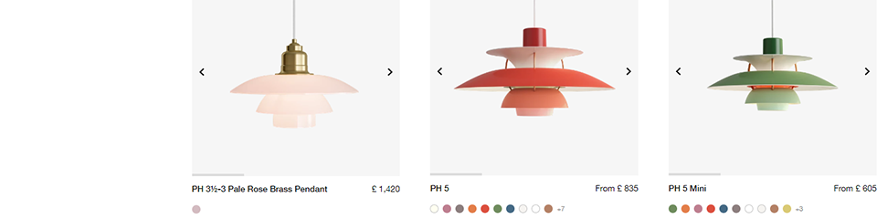 Louis Poulsen’s lamps are presented on the web pages with product data and images directly from the Perfion PIM system.